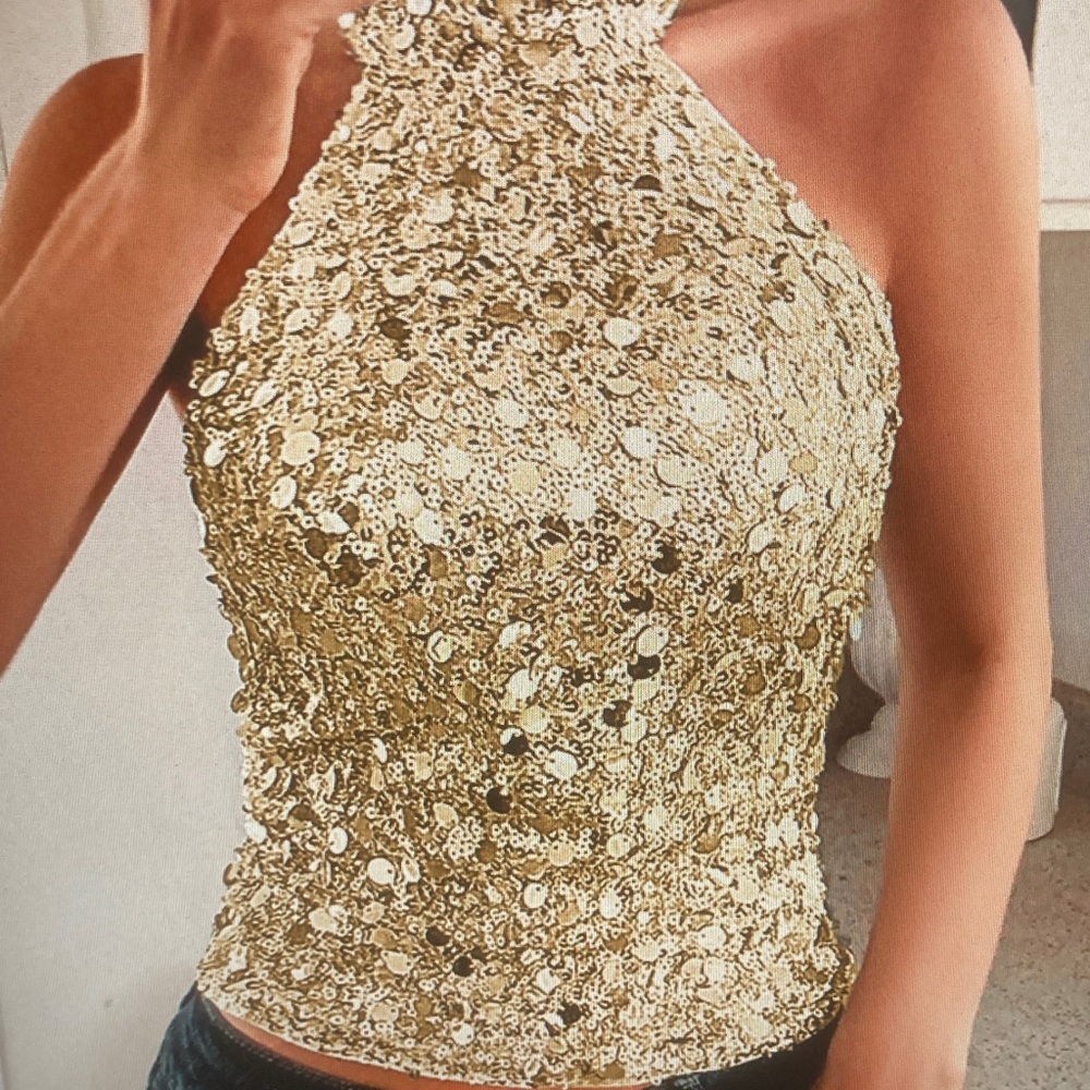 Gold Sequin Halter Top - Picture 3 of 3